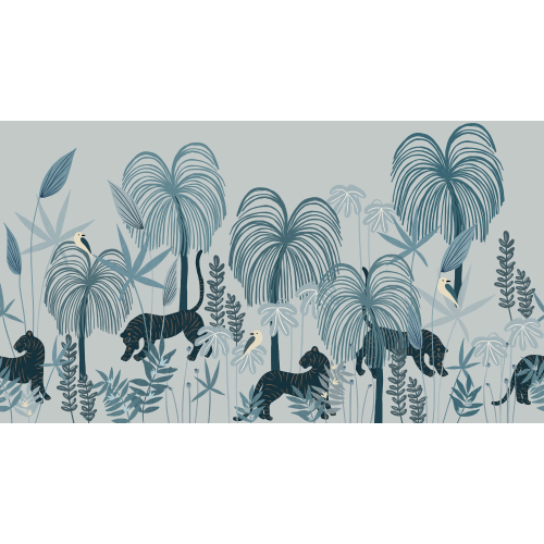 Carta da parati panoramica giungla tropicale con tigri - Collezione Zoé Jiquel - Acte-Deco